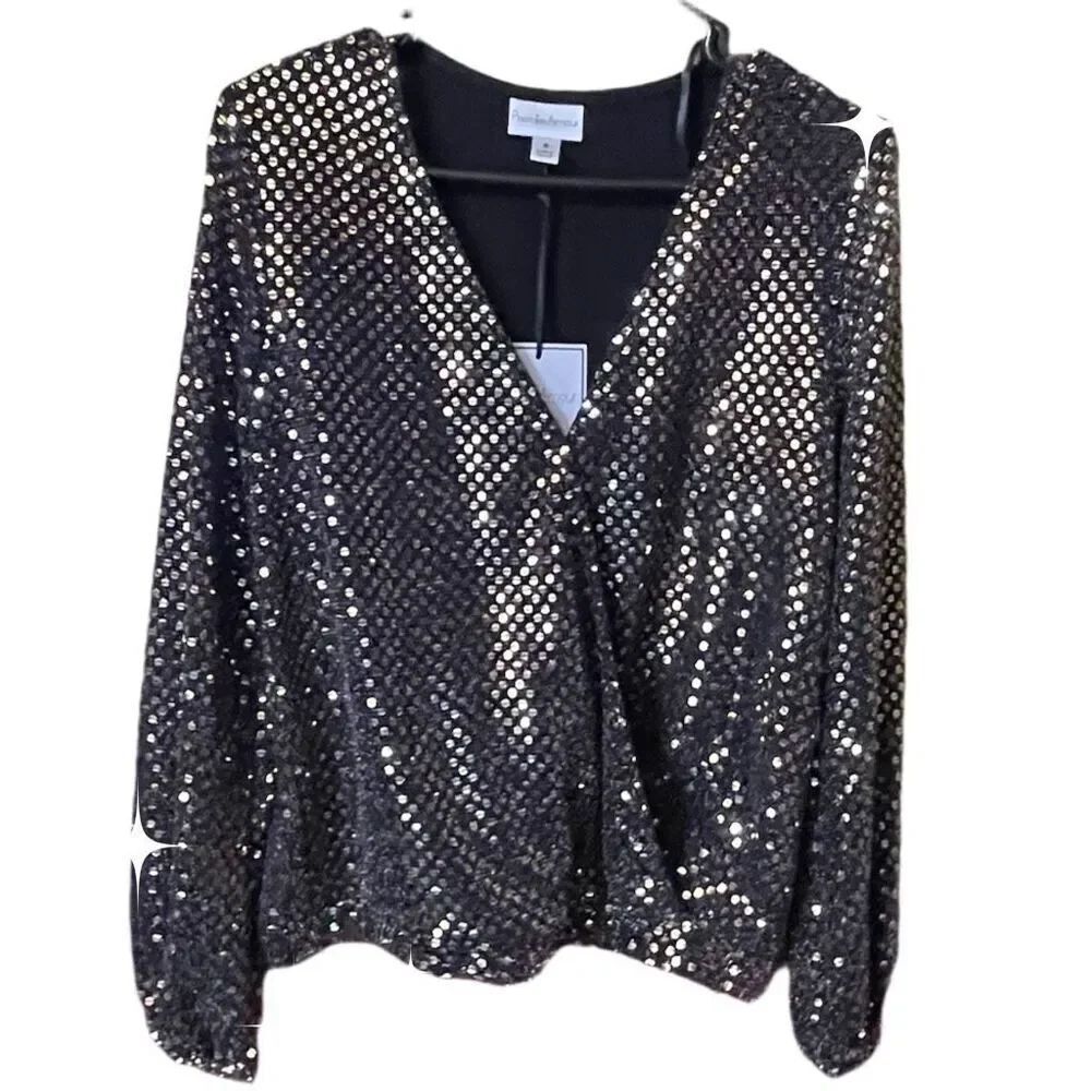 NWT Premier Amour size S wrap front sequined top.